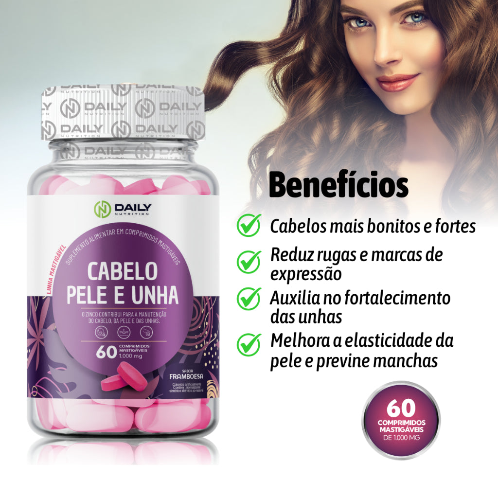 Vitaminas com Zinco, Biotina e Ácido Hialurônico - Sabor Framboesa