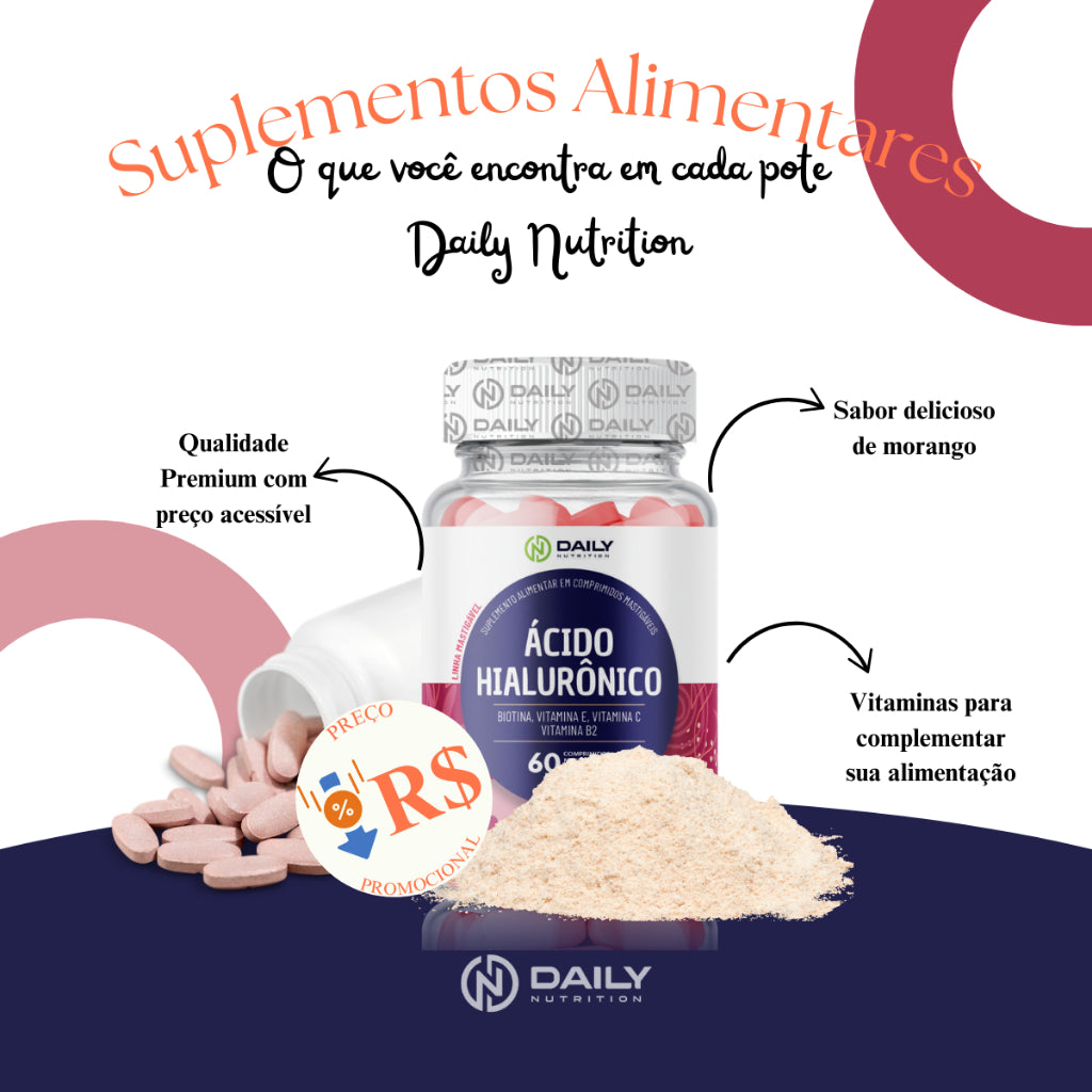 Ácido Hialurônico Mastigável Biotina Vitamina E C B2 para cabelos e pele Sabor Iogurte de Morango