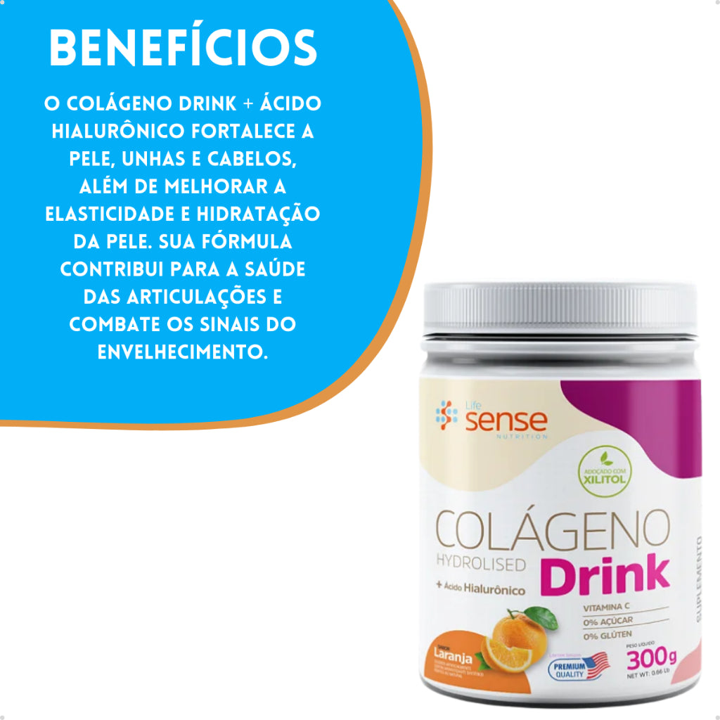 Colágeno Hidrolisado Drink + Ácido Hialurônico Pote 300g Pó - Life Sense Nutrition