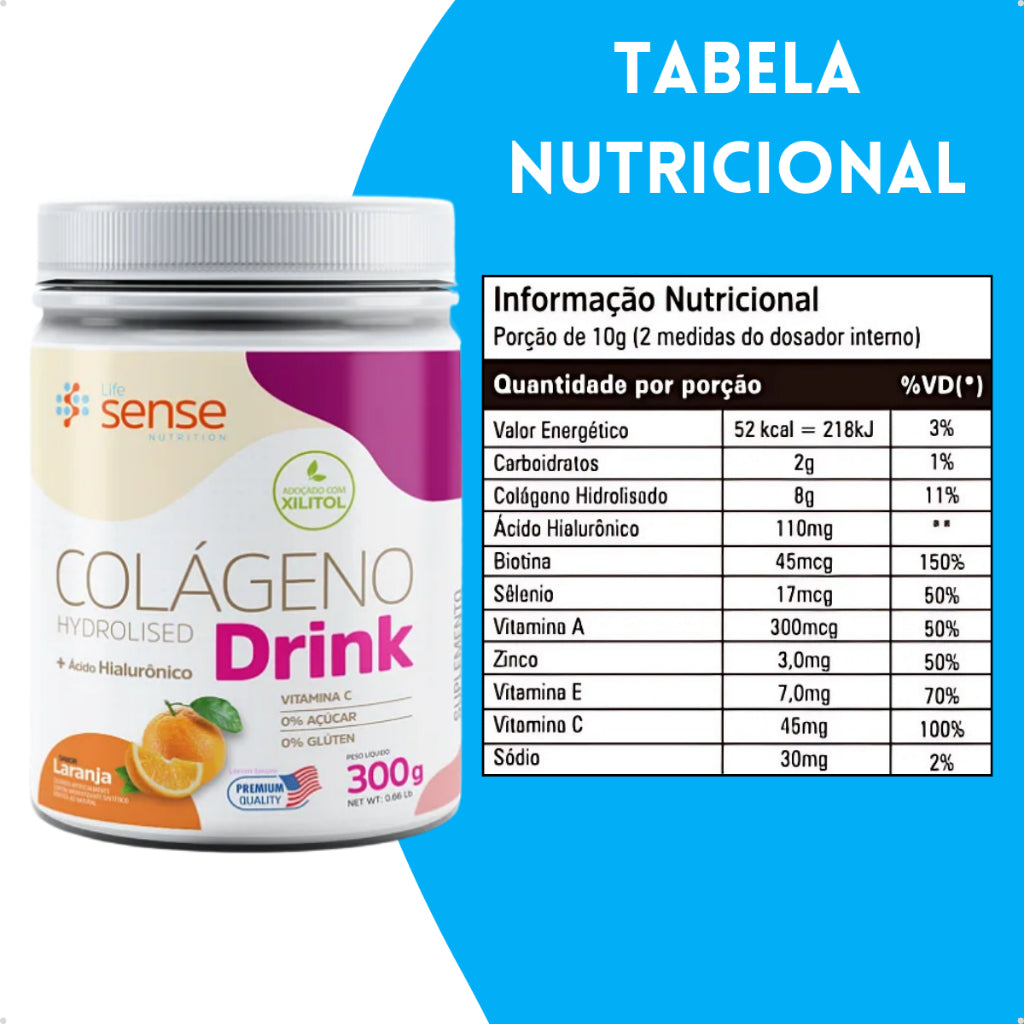 Colágeno Hidrolisado Drink + Ácido Hialurônico Pote 300g Pó - Life Sense Nutrition