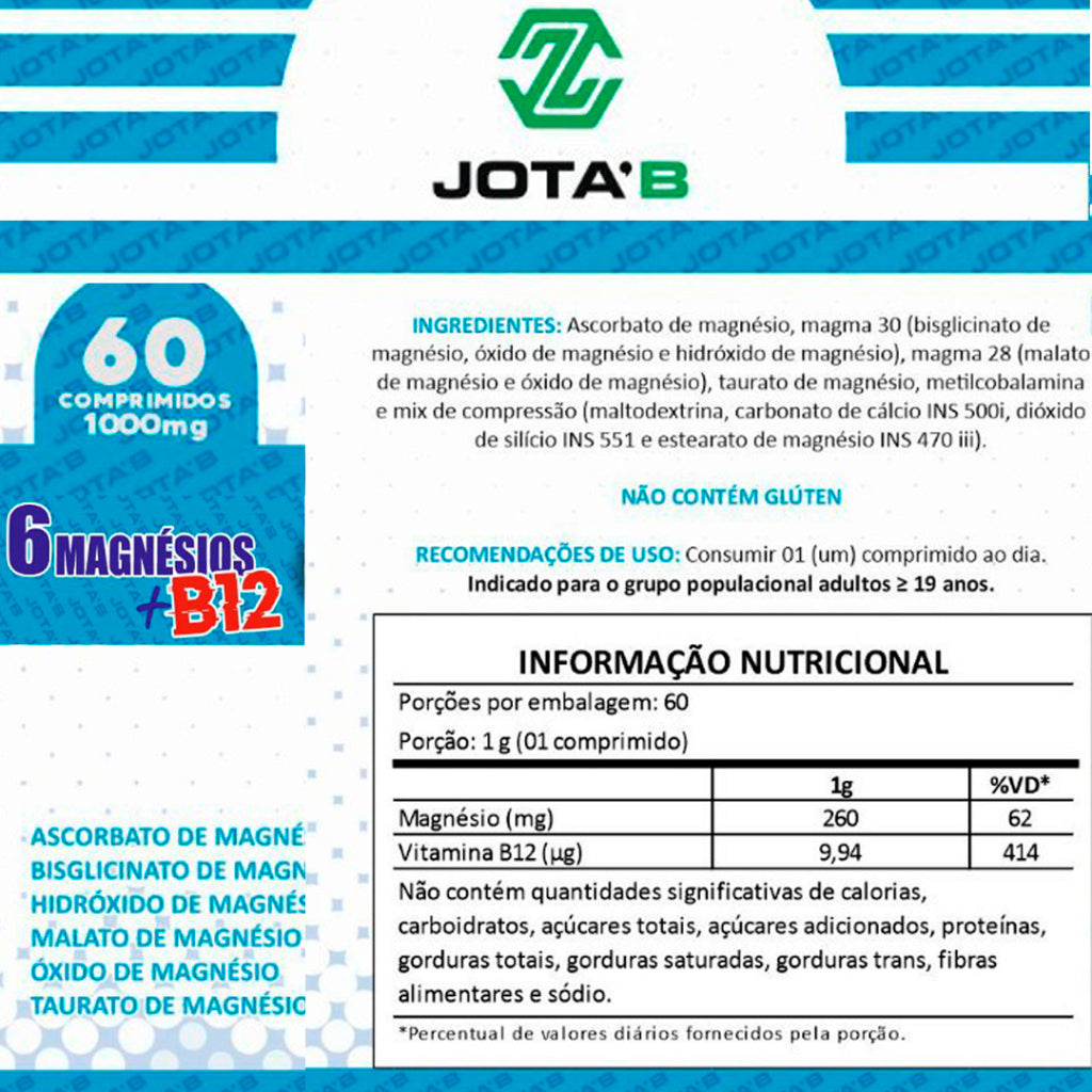 Suplemento Premium Magnésios dimalato + 5 + Vitamina B12 Metilcobalamina 1000mg 60 comprimidos