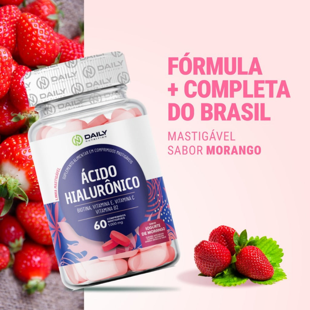 Ácido Hialurônico Mastigável Biotina Vitamina E C B2 para cabelos e pele Sabor Iogurte de Morango