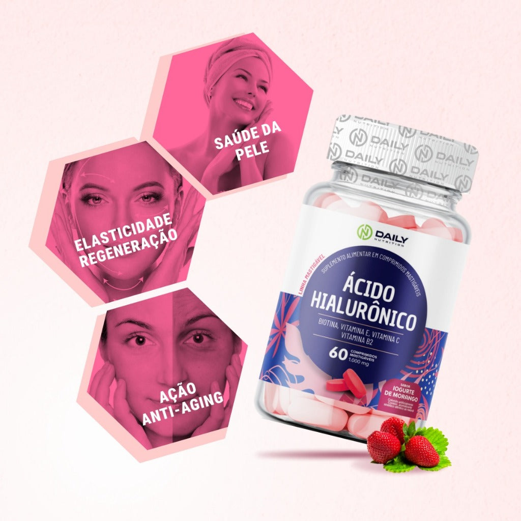 Ácido Hialurônico Mastigável Biotina Vitamina E C B2 para cabelos e pele Sabor Iogurte de Morango