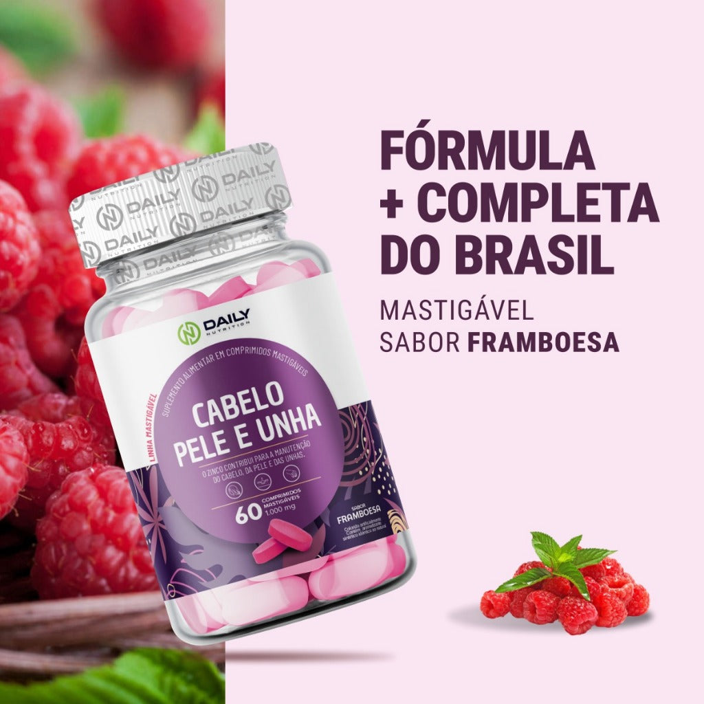 Vitaminas com Zinco, Biotina e Ácido Hialurônico - Sabor Framboesa