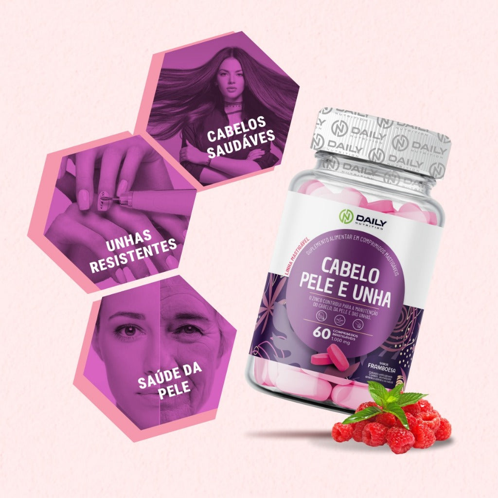 Vitaminas com Zinco, Biotina e Ácido Hialurônico - Sabor Framboesa
